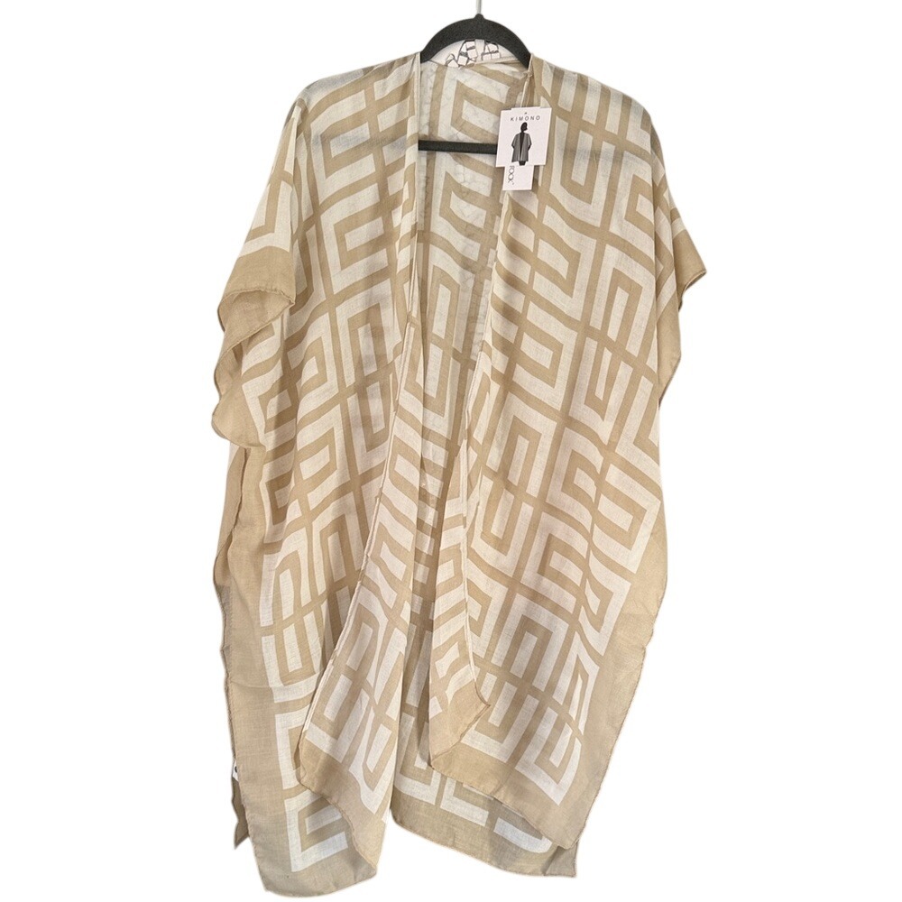 Jessica McClintock Kimono Wrap Women One Size Tan NWT Geometric Greek Key Sheer